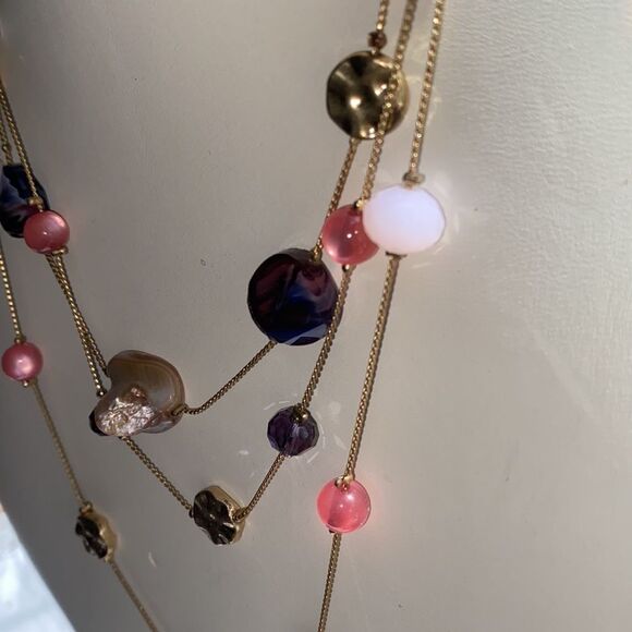 Multi-Strand Pink Purple Beaded Layered Floating Women’s Necklace - Picture 6 of 8